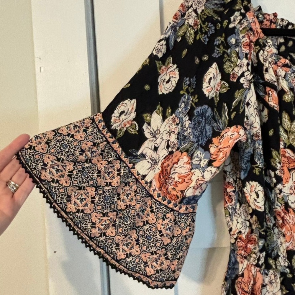 Angie Festival Floral Romper Crochet Lace Trim‎ Bell Sleeve Off Shoulder M Boho - Picture 4 of 16